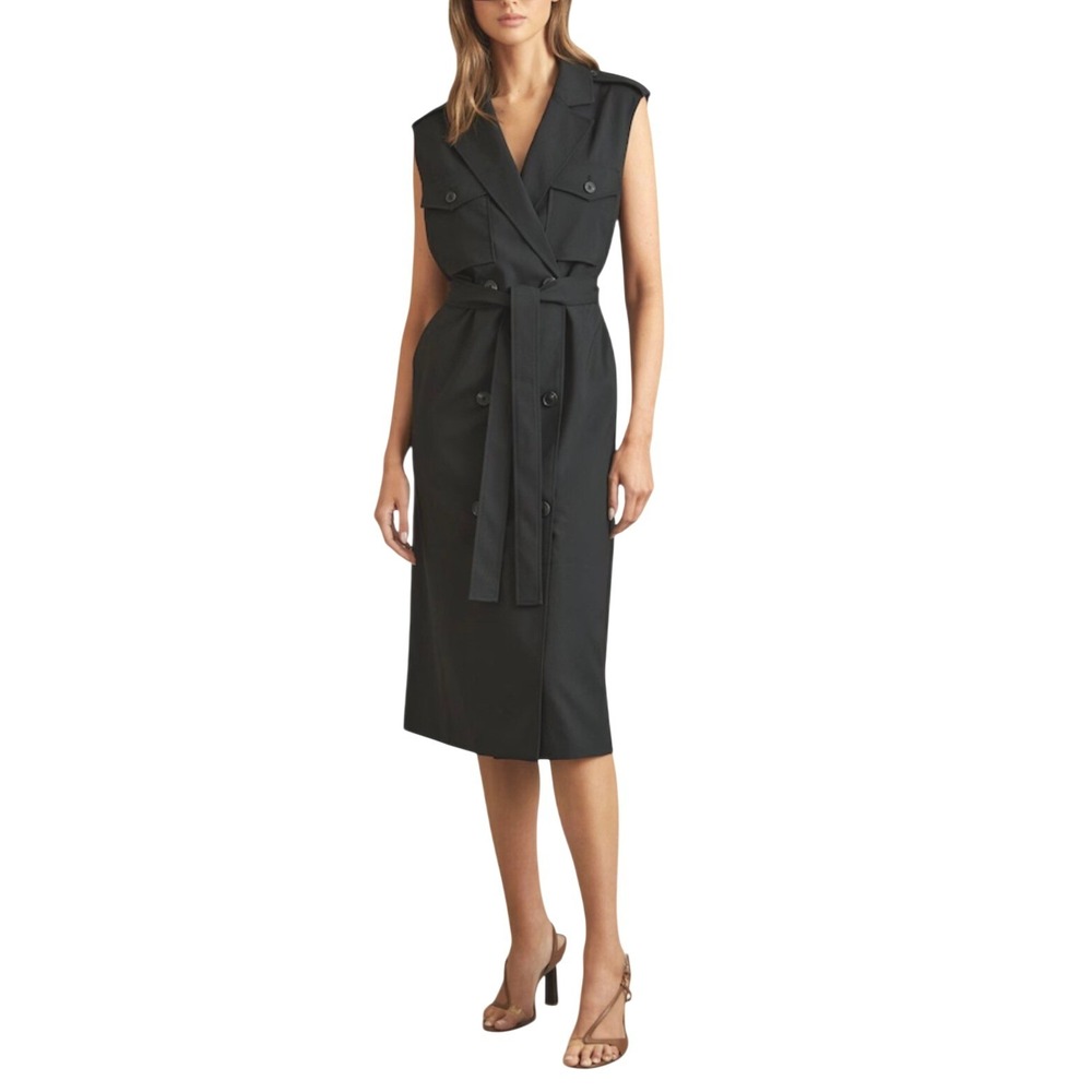 Reiss Dress Kimora Black Wool Blend Double Breasted Midi Trench US 8 NEW